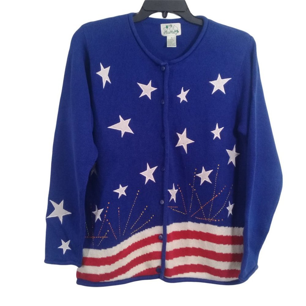 The Quacker Factory Women's M Blue Stars Stripes Flag Cardigan Sweater - Picture 1 of 7